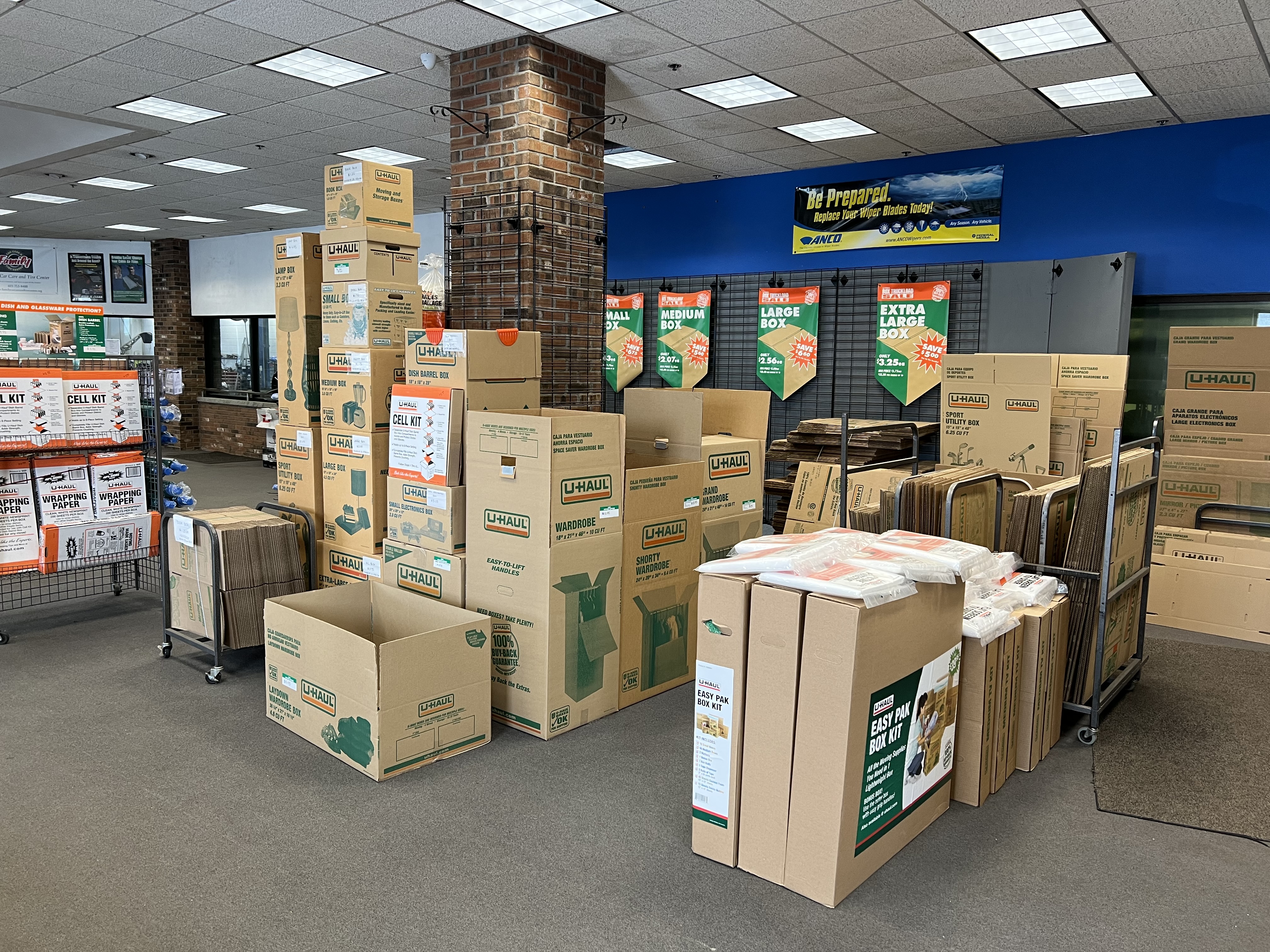 variety of u-haul boxes available for purchase at thirty pines self storage