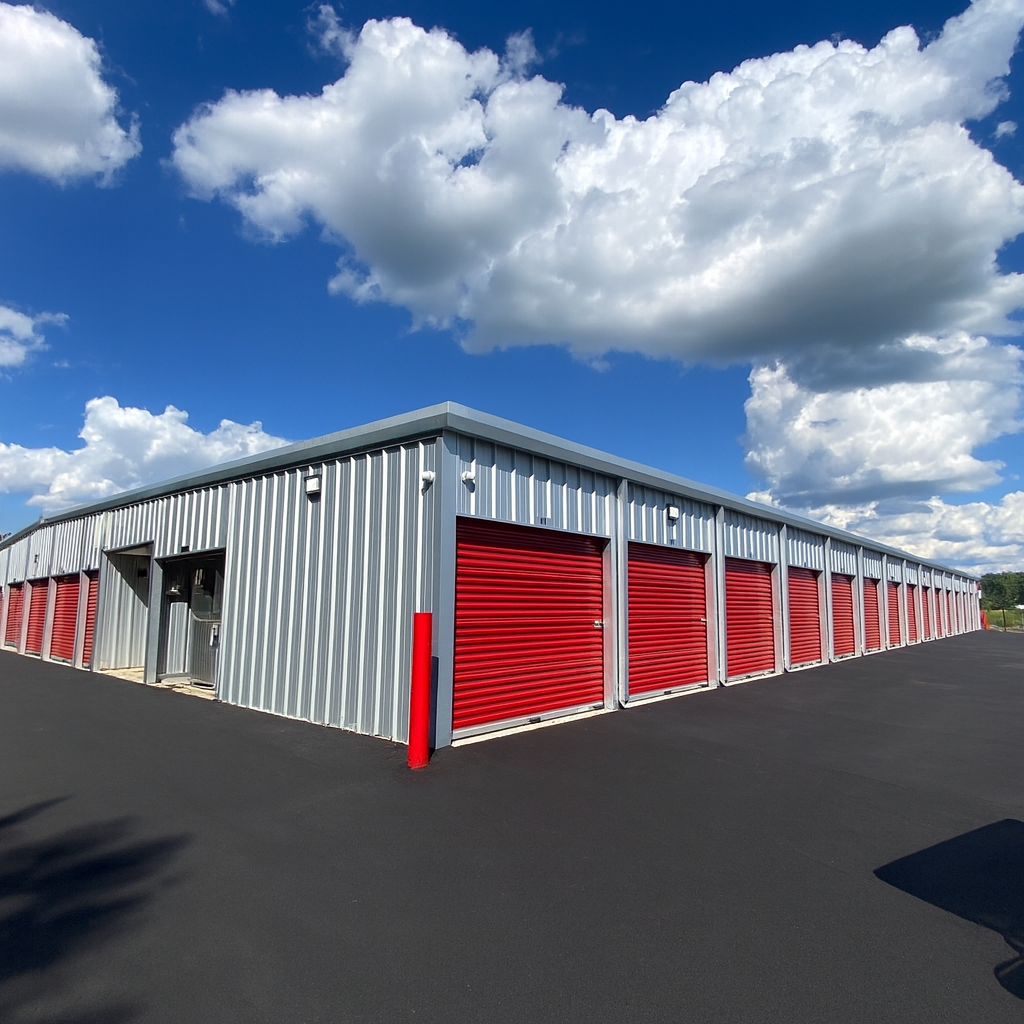 Modern Storage® Maumelle Blvd Drive-Up Storage Units Drive-up storage units with red roll-up doors at Modern Storage® Maumelle Blvd in North Little Rock, Arkansas