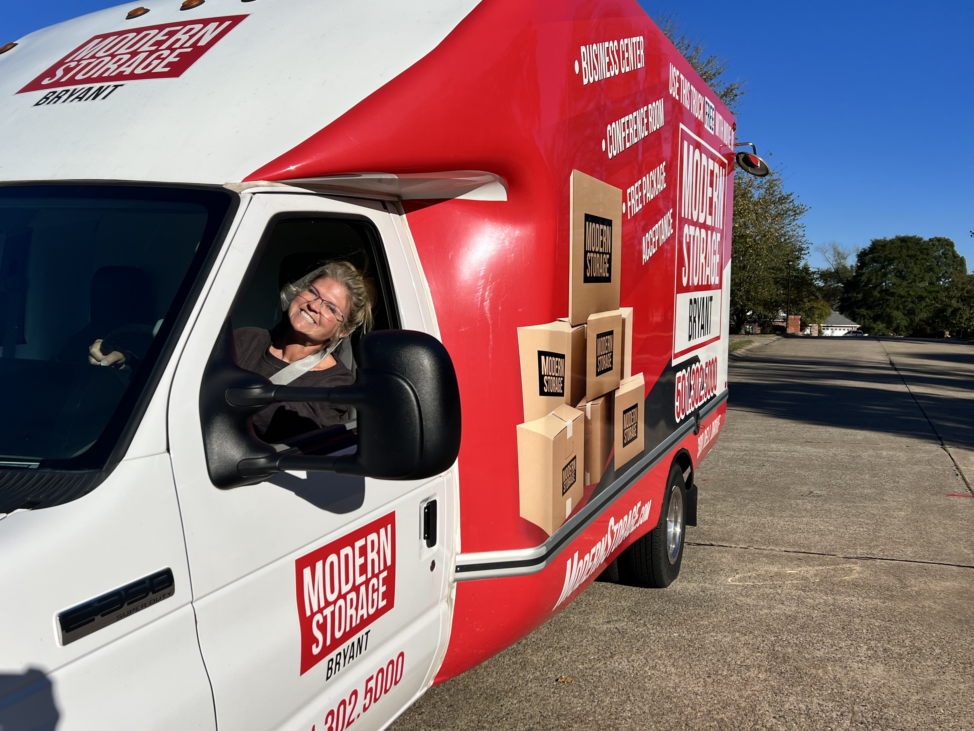 Modern Storage® box truck shown in TikTok video highlighting the free moving truck offered to new storage tenants