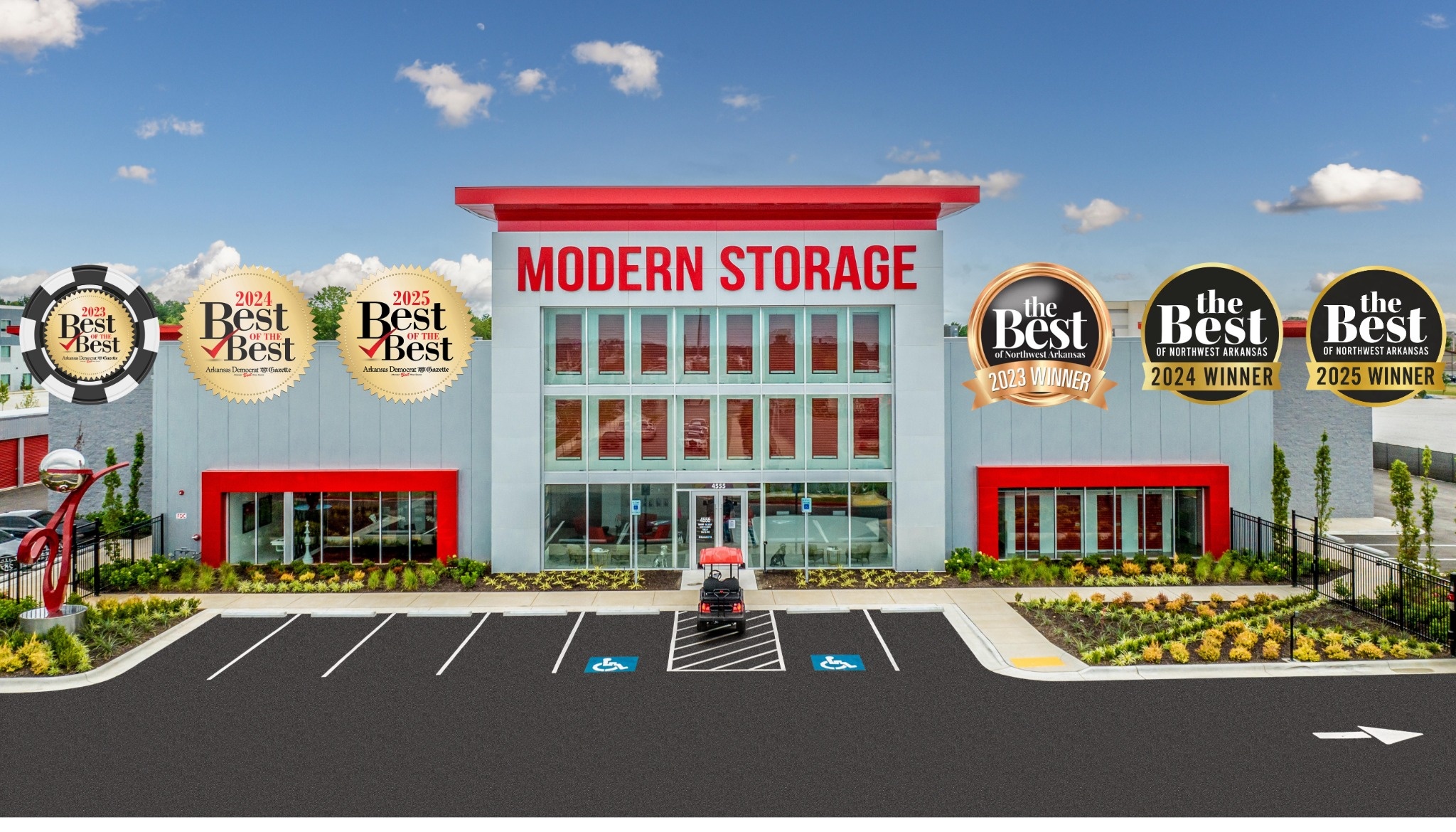 Modern Storage® Best of the Best Self Storage Winner 2023–2025 Front exterior of a Modern Storage® self storage facility with Best of the Best winner badges for 2023, 2024, and 2025.