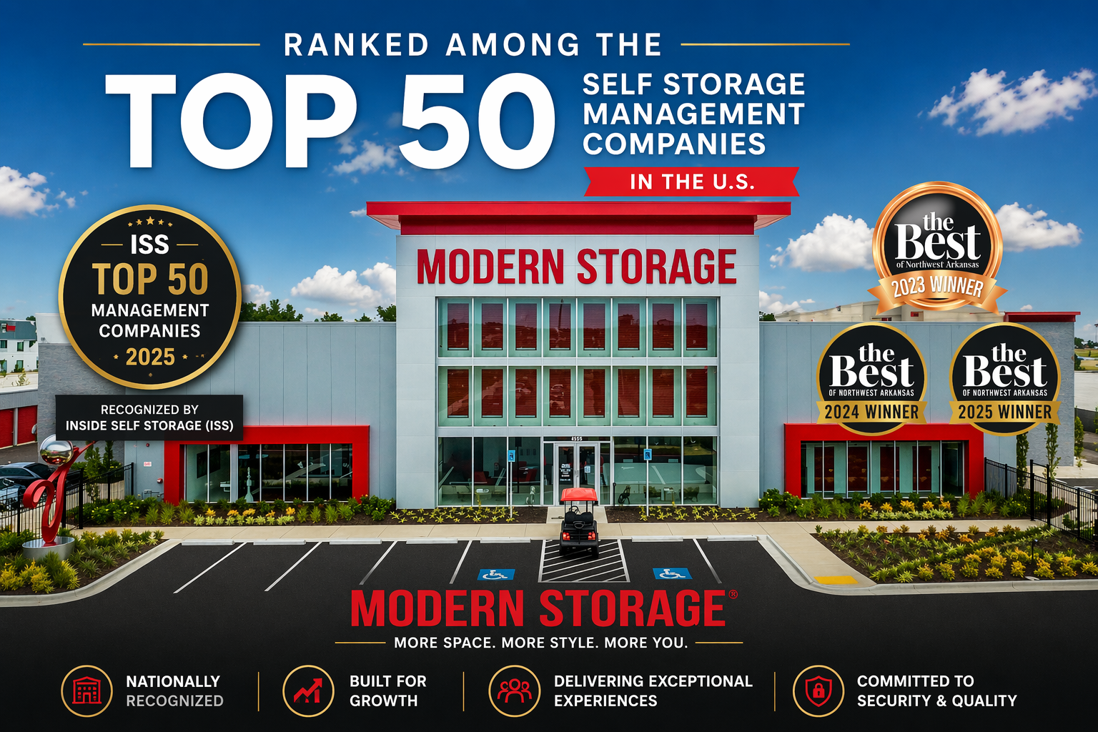 Modern Storage® self storage facility exterior with ISS Top 50 management company badge and Best of Arkansas awards displayed