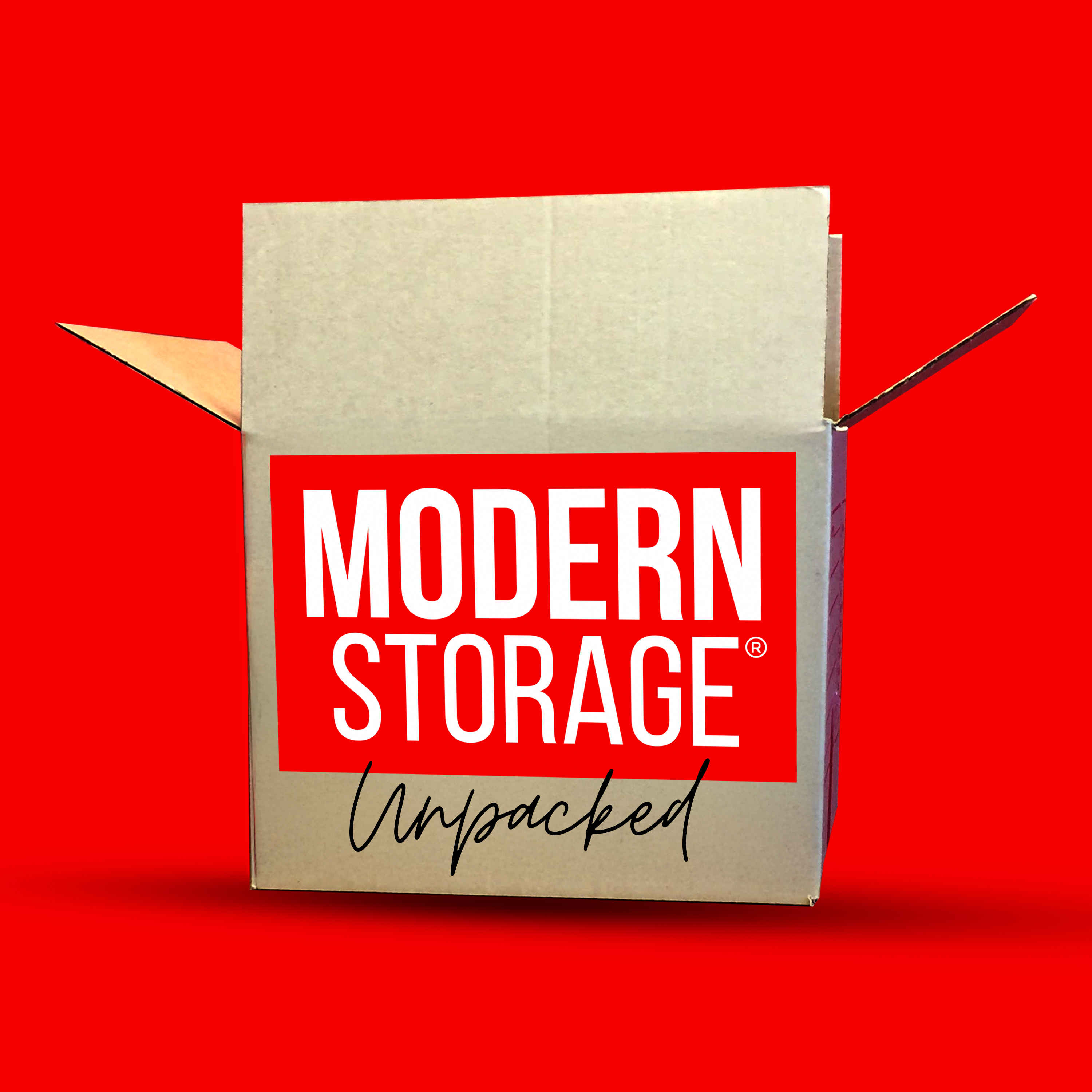 Cardboard box on a bright red background featuring the Modern Storage® Unpacked podcast logo.