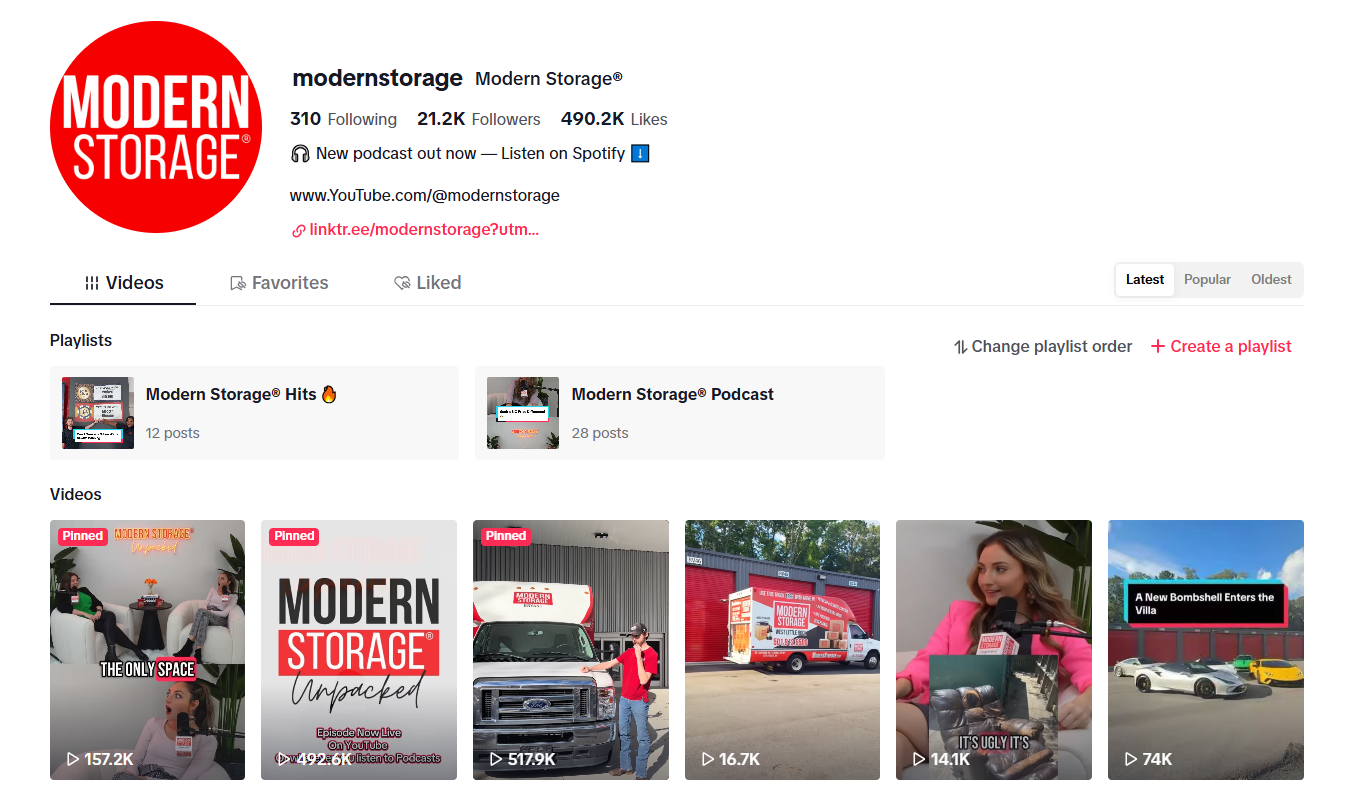 Modern Storage® TikTok profile screenshot showing over 490K likes and 21K followers – best self storage on TikTok