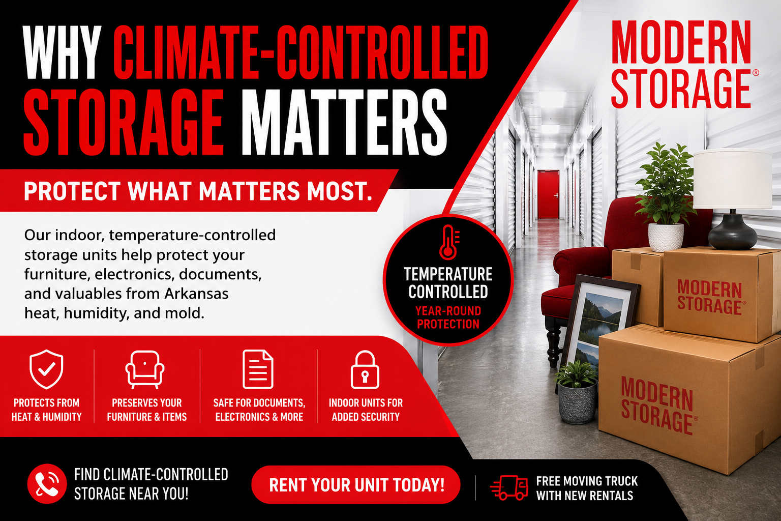 Climate-Controlled Storage at Modern Storage® Modern Storage® climate-controlled storage graphic showing indoor units and protected furniture, documents, and valuables