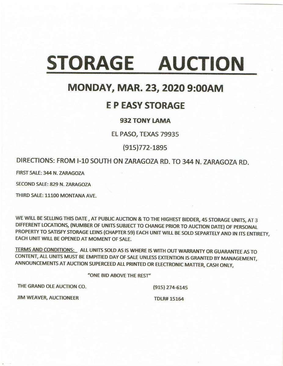 El Paso Storage Auction Flyer