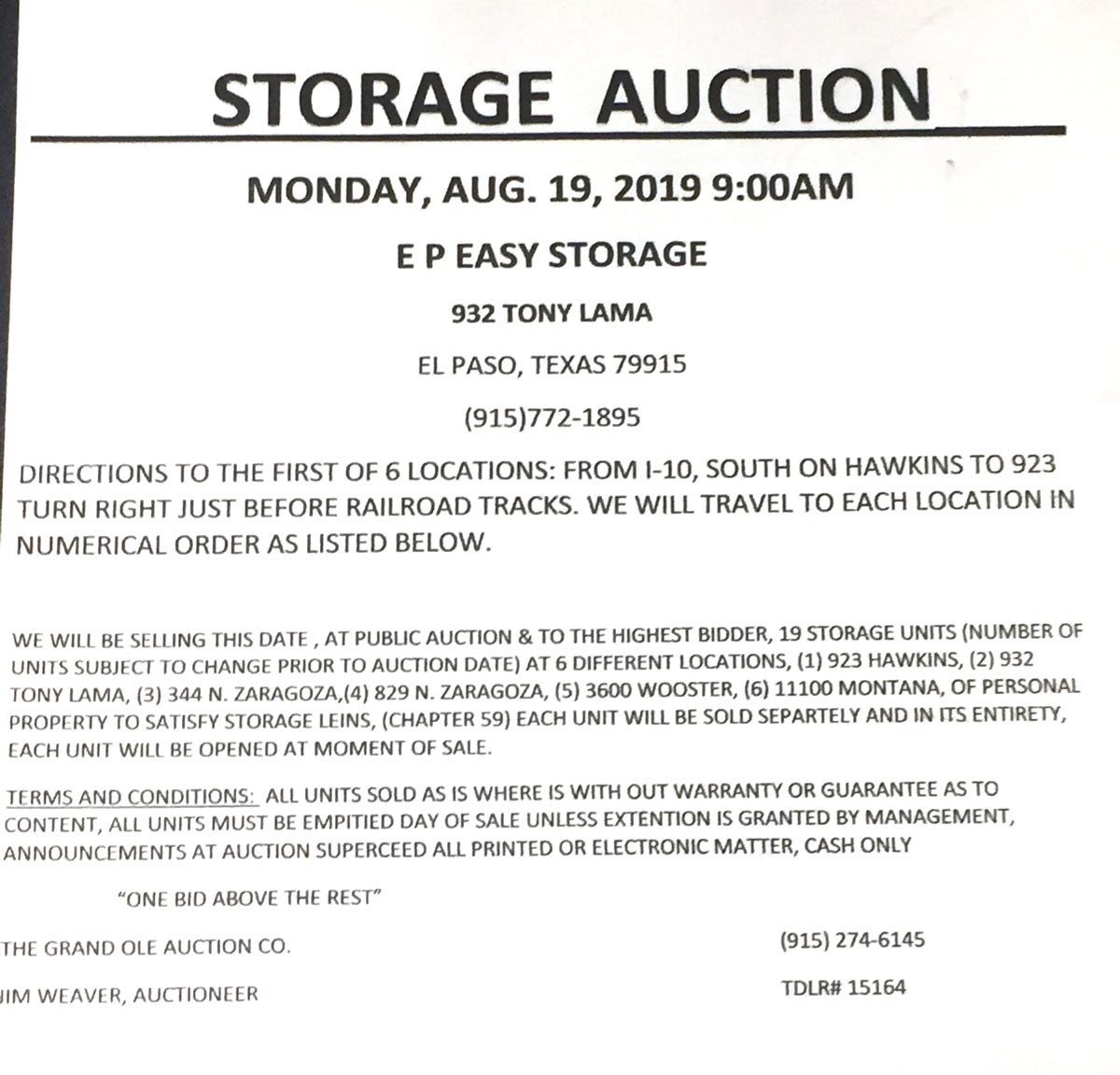 Storage auction information