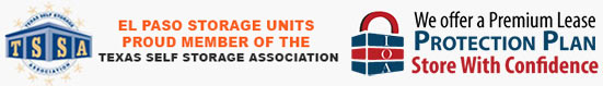 Two logos, the first designates they are a member of the Texas self storage association, the second says they offer a lease protection plan