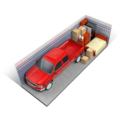 The 10x30 What fits inside?  Now this is some serious storage! This unit has a whopping 300 square feet of space, ideal for a 5 to 7 bedroom house, easily storing entertainment centers, refrigerators, beds, couches, and more!