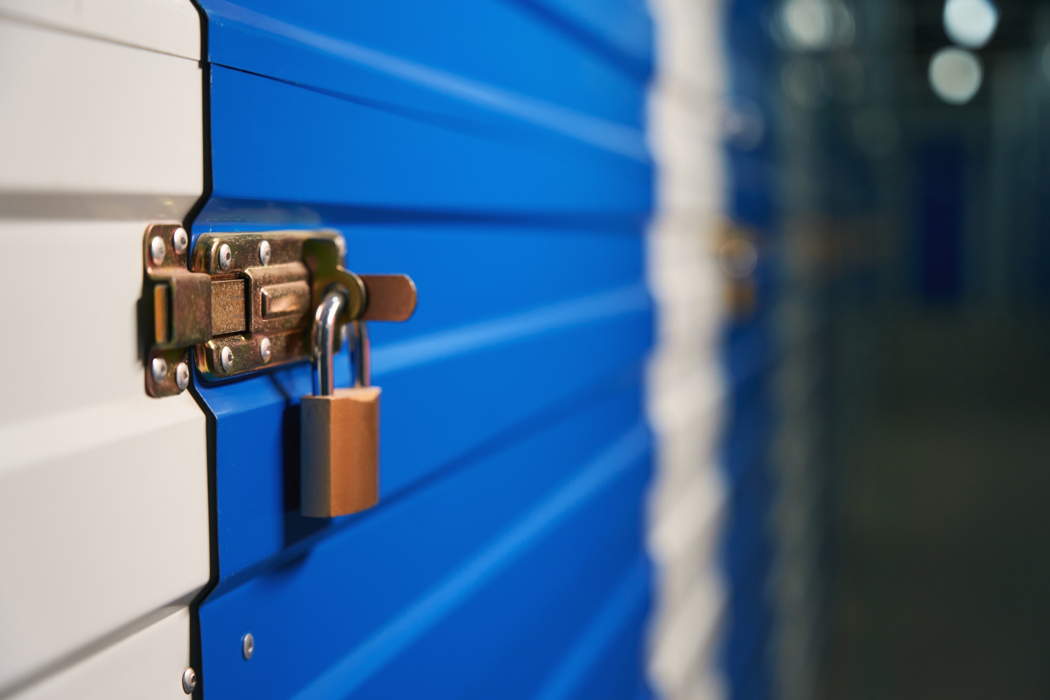 Secure self storage Lock on blue storage unit door