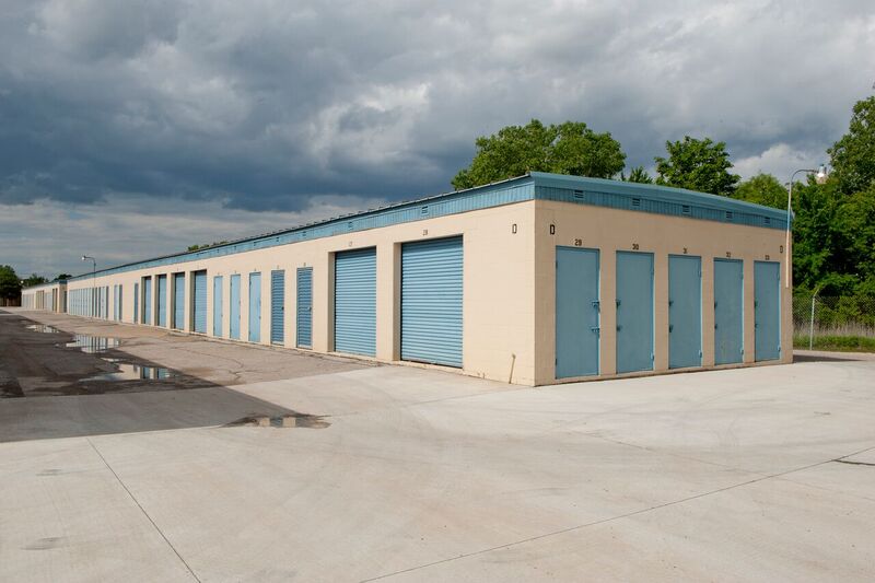 building of self storage units with drive up access doors