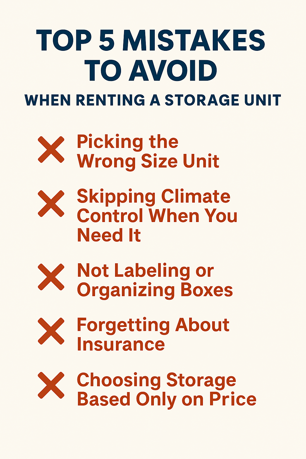 Top 5 Mistakes To Avoid When Renting a Storage Unit Infographic titled “Top 5 Mistakes to Avoid When Renting a Storage Unit,” listing common errors: picking the wrong size unit, skipping climate control when needed, not labeling or organizing boxes, forgetting about insurance, and choosing storage based only on price.