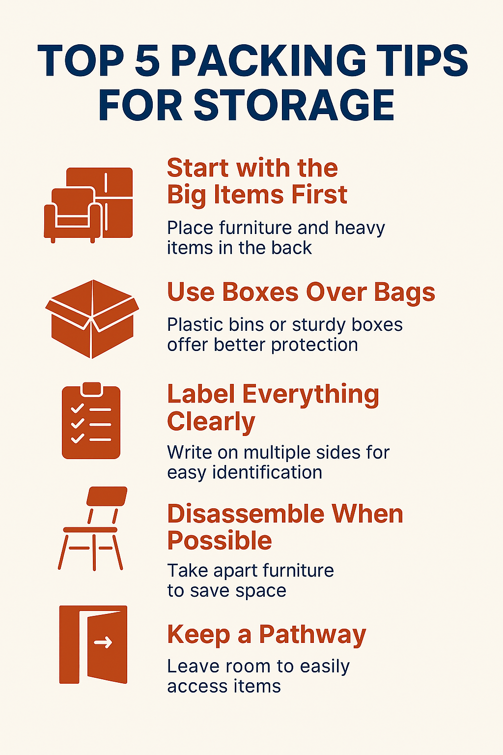 Infographic titled “Top 5 Packing Tips for Storage” with icons showing advice: start with big items first, use boxes over bags, label everything clearly, disassemble furniture, and keep a pathway