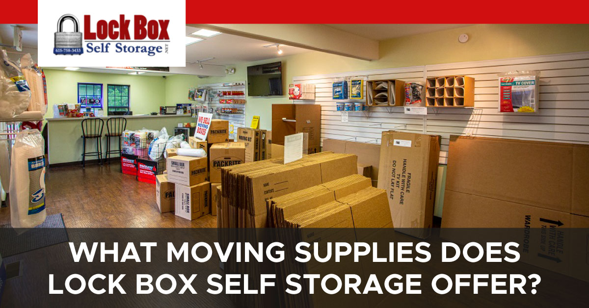 An image of Lock Box Self Storage’s Moving Center office. A text banner reads, “What moving supplies does Lock Box Self Storage offer?”
