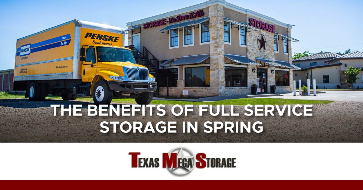An image of Texas Mega Storage’s front office, with a moving truck parked outside. A text banner reads, “The benefits of full-service storage in Spring.”