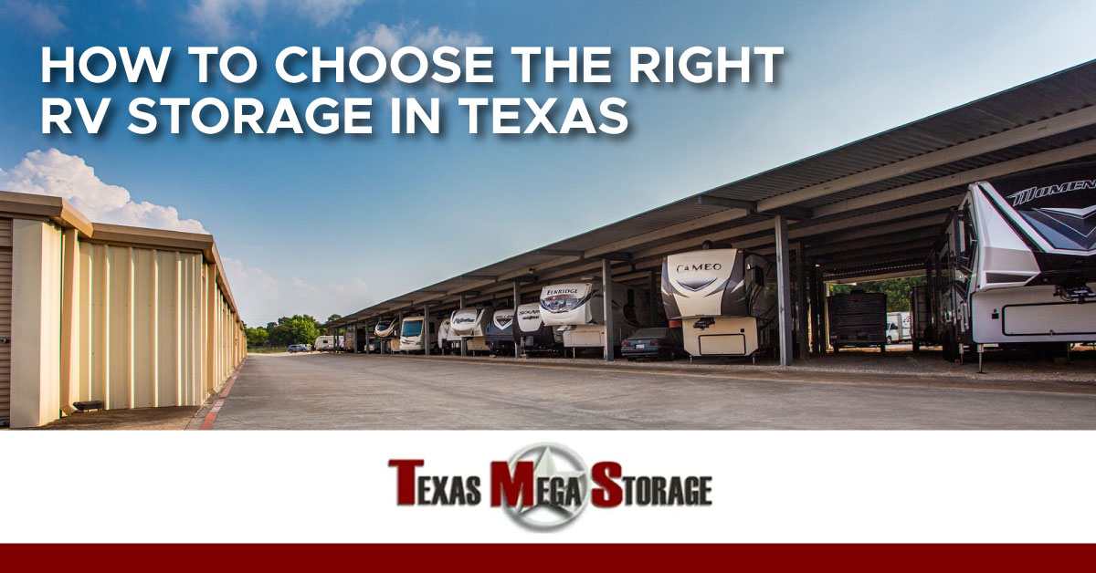 How to Choose the Right RV Storage in Texas An image of RVs parked in covered storage in a self-storage facility. A text banner reads, “How to choose the right RV storage in Texas.”