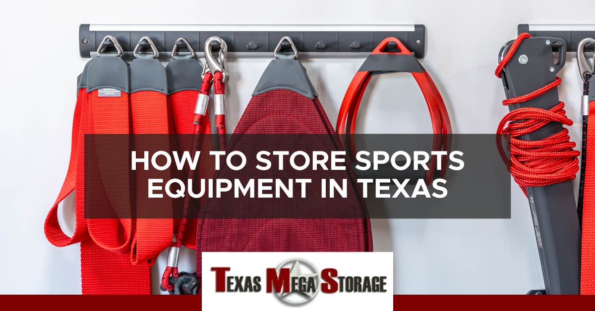An image of sports equipment hanging on hooks on a wall. A text banner reads, “How to store sports equipment in Texas.”