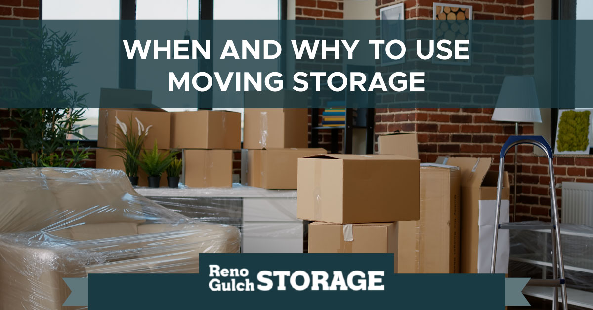 An image of a room filled with cardboard moving boxes. A text banner reads, “When and Why to Use Moving Storage.”