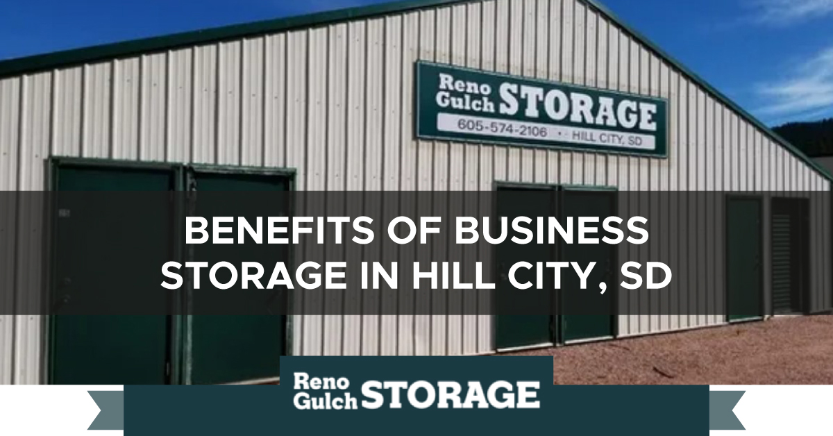 A photo of a single-story storage facility with a text banner reading “Benefits of business storage in Hill City, SD”.