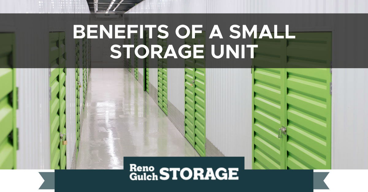 An image of a storage facility hallway. A text banner reads, “Benefits of a Small Storage Unit.”