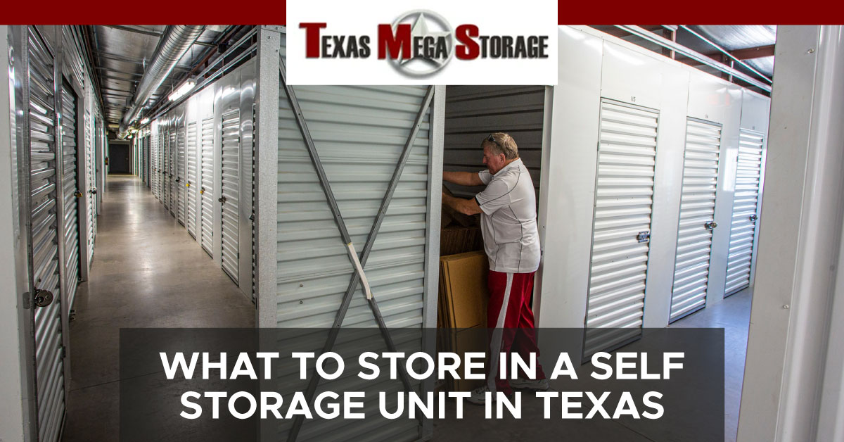 An image of a row of storage units, with a man placing boxes into one of the units. A banner reads, “What to store in a self storage unit in Texas.”