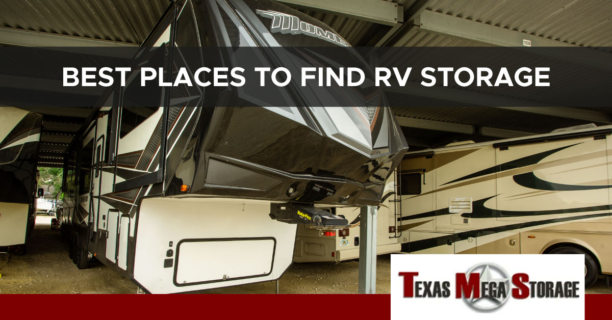 An image of RVs parked in covered storage. A text banner reads, “Best Places to Find RV Storage.”