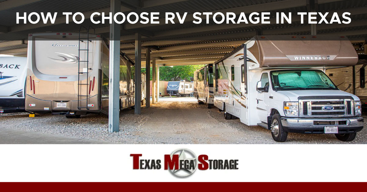 An image of RVs parked in a covered storage area. A text banner reads, “How to Choose RV Storage in Texas.”