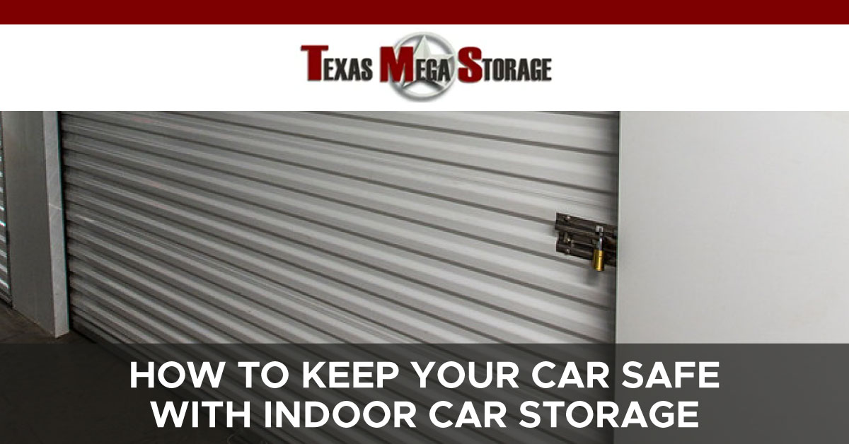 An image of a locked storage unit door. A text banner reads, “How to Keep Your Car Safe with Indoor Car Storage.”