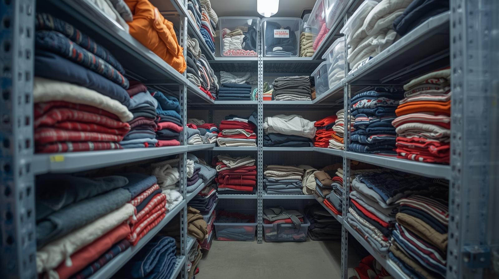 Organized storage unit with neatly folded clothes on metal shelves