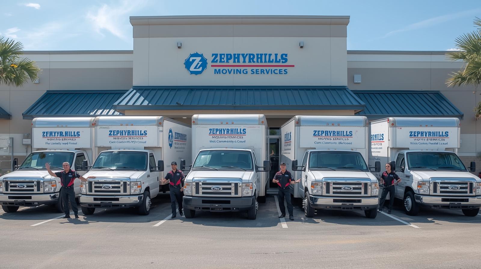 Team of movers standing beside Zephyrhills Moving Services trucks parked in front of the company building, ready to assist with local moves.