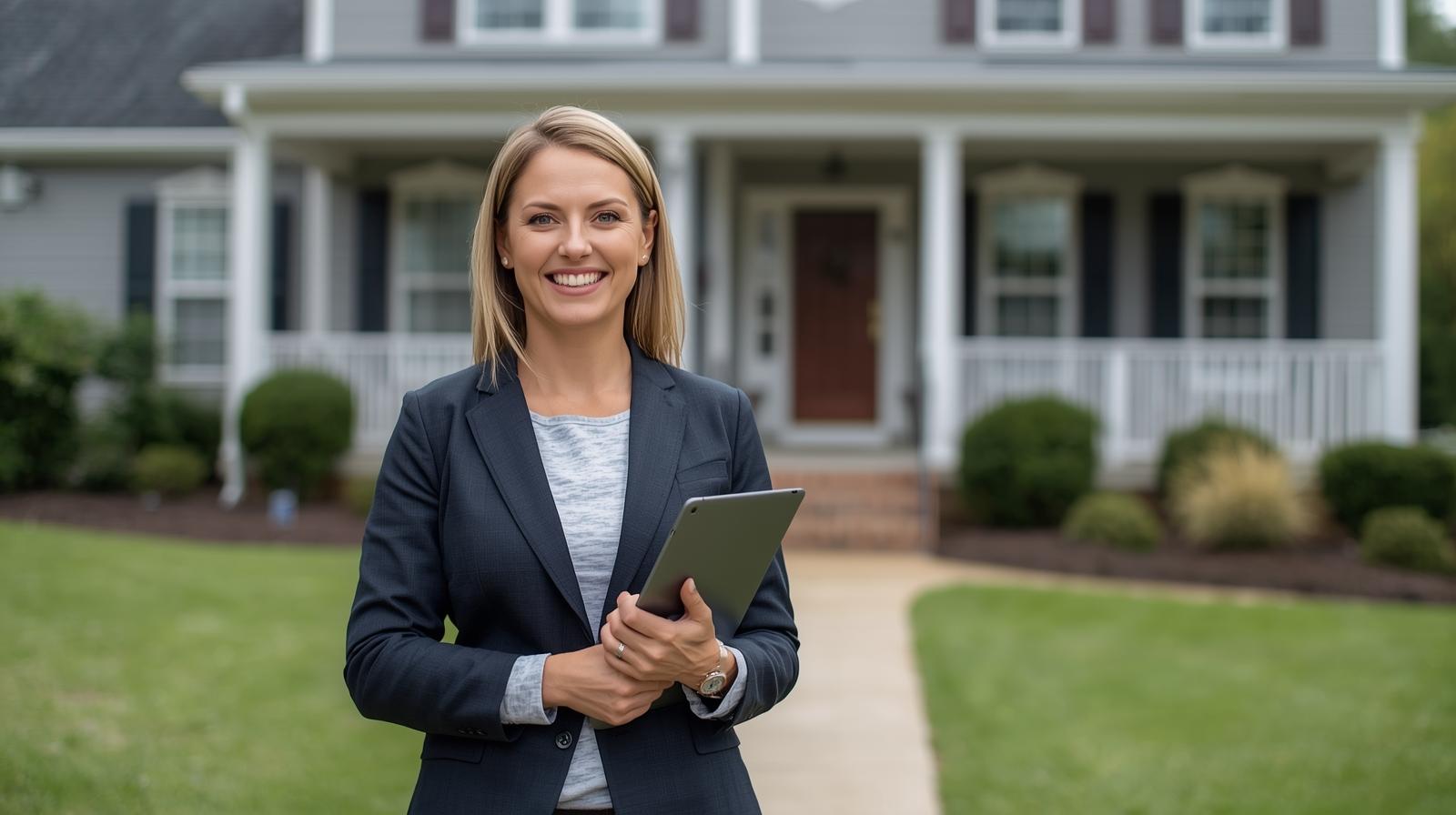 Smiling real estate agent in Zephyrhills, FL standing in front of a home with a tablet, ready to assist home buyers and sellers.