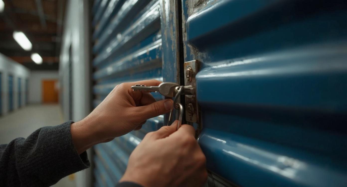 Person unlocking a self storage unit door with a key
