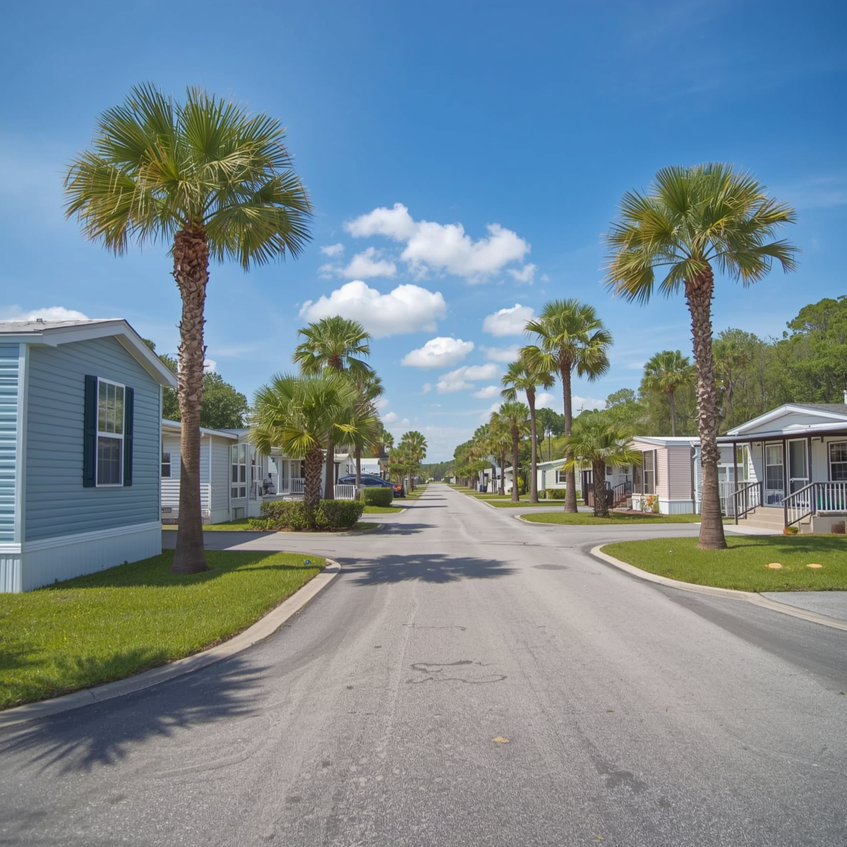 mobile home community street in Zephyrhills FL with palm trees