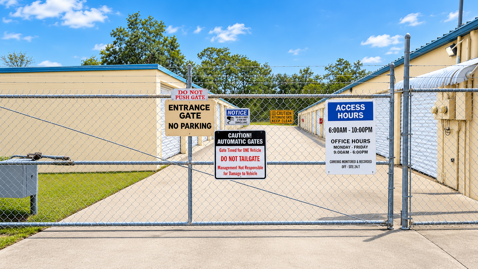 Gated keypad entrance at Ocala Storage Park, open daily 6 AM to 10 PM