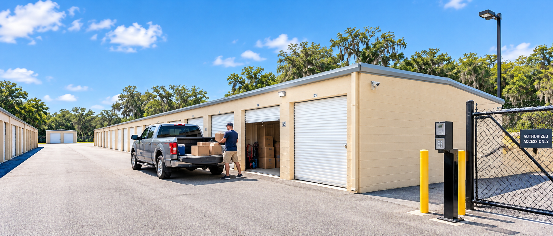 Customer moving into a drive-up storage unit at Ocala Storage Park on SE Lake Weir Ave, Ocala, FL