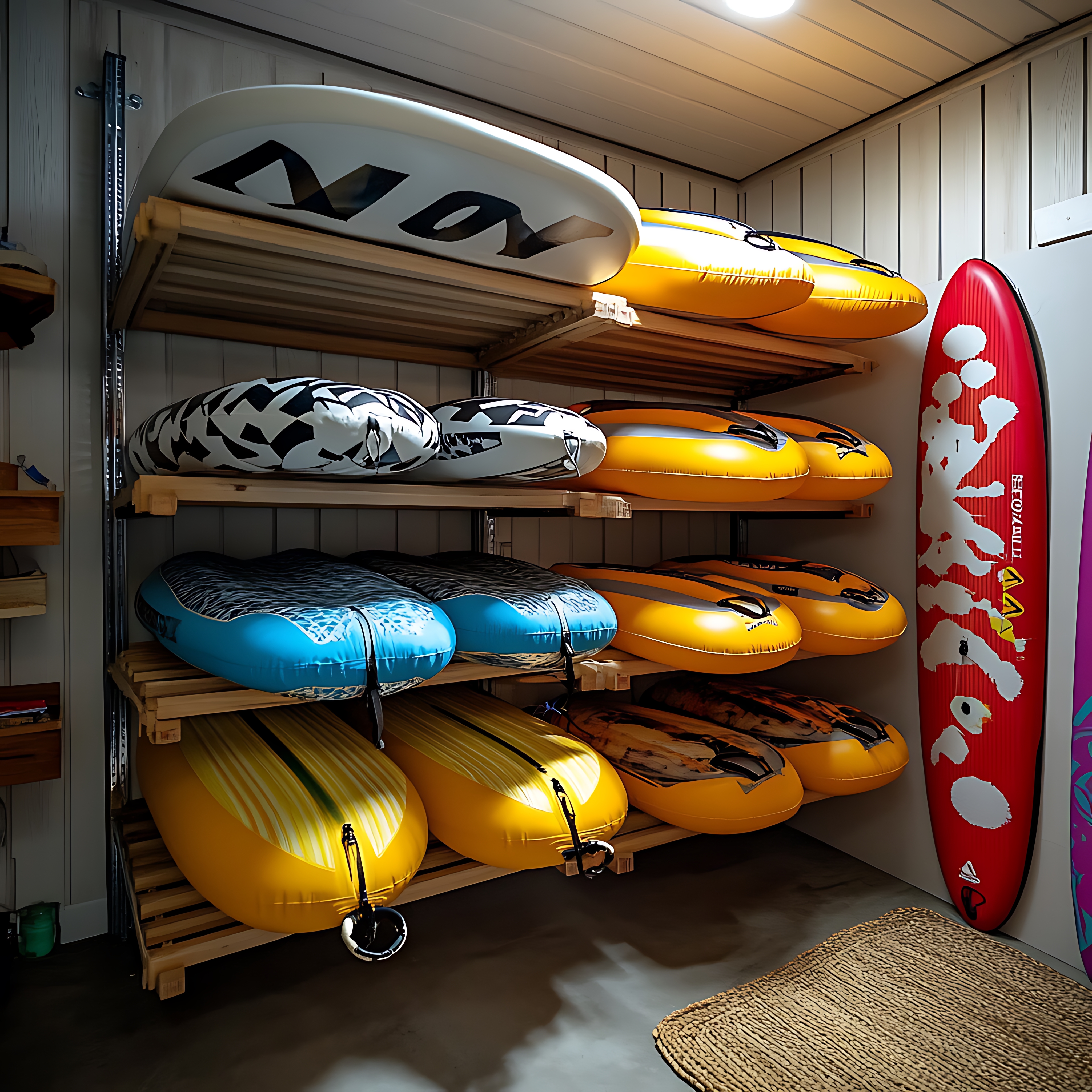 Fishing rods, kayak, and outdoor equipment neatly organized inside a climate-controlled storage unit near Padre Island, Texas