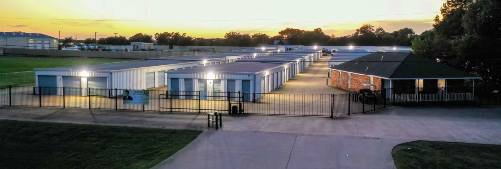 Front view of entrance in evening to Security Self Storage in Waxahachie, TX