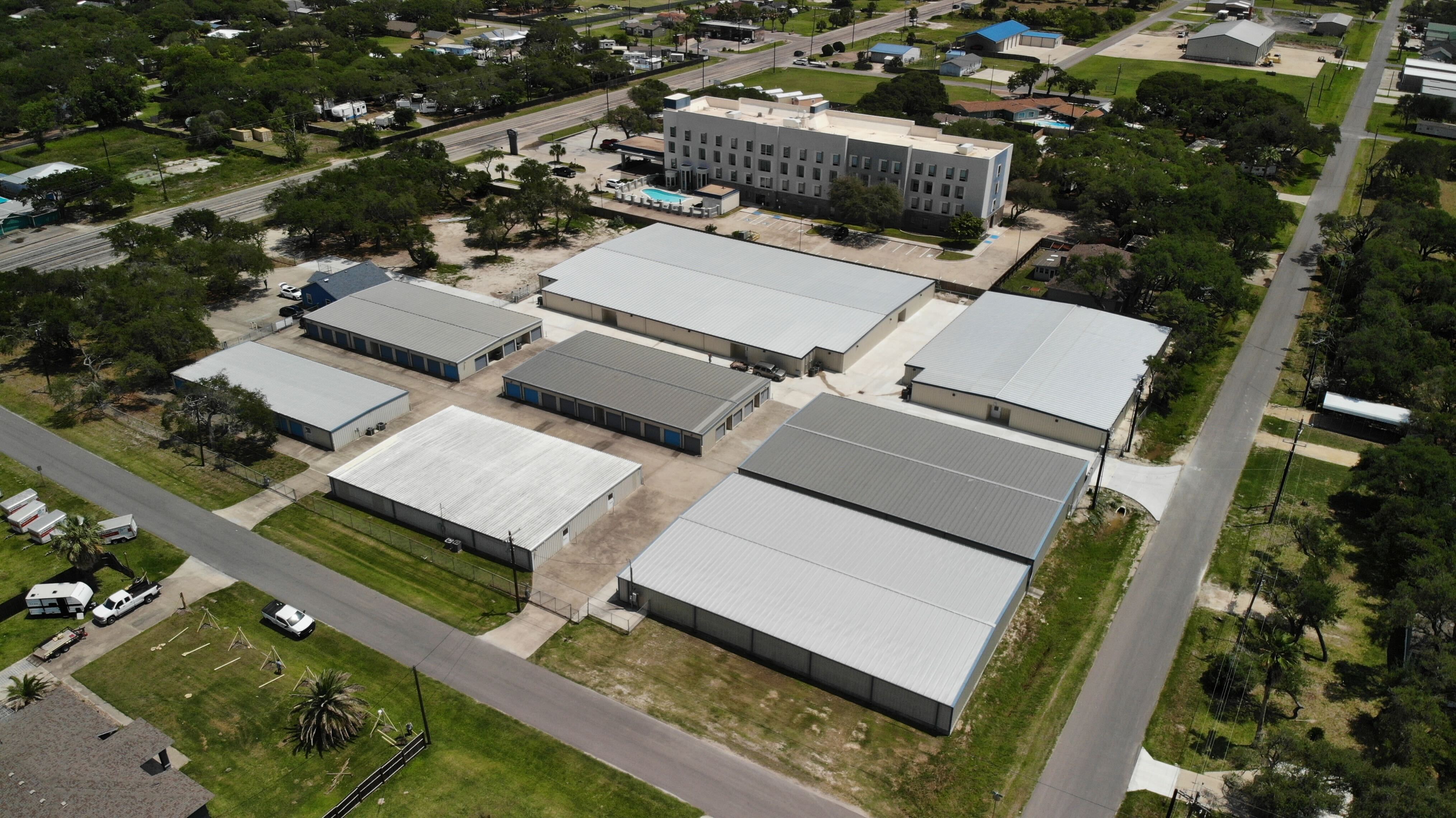 Aerial view of a climate-controlled self-storage facility near Lamar and Rockport, Texas