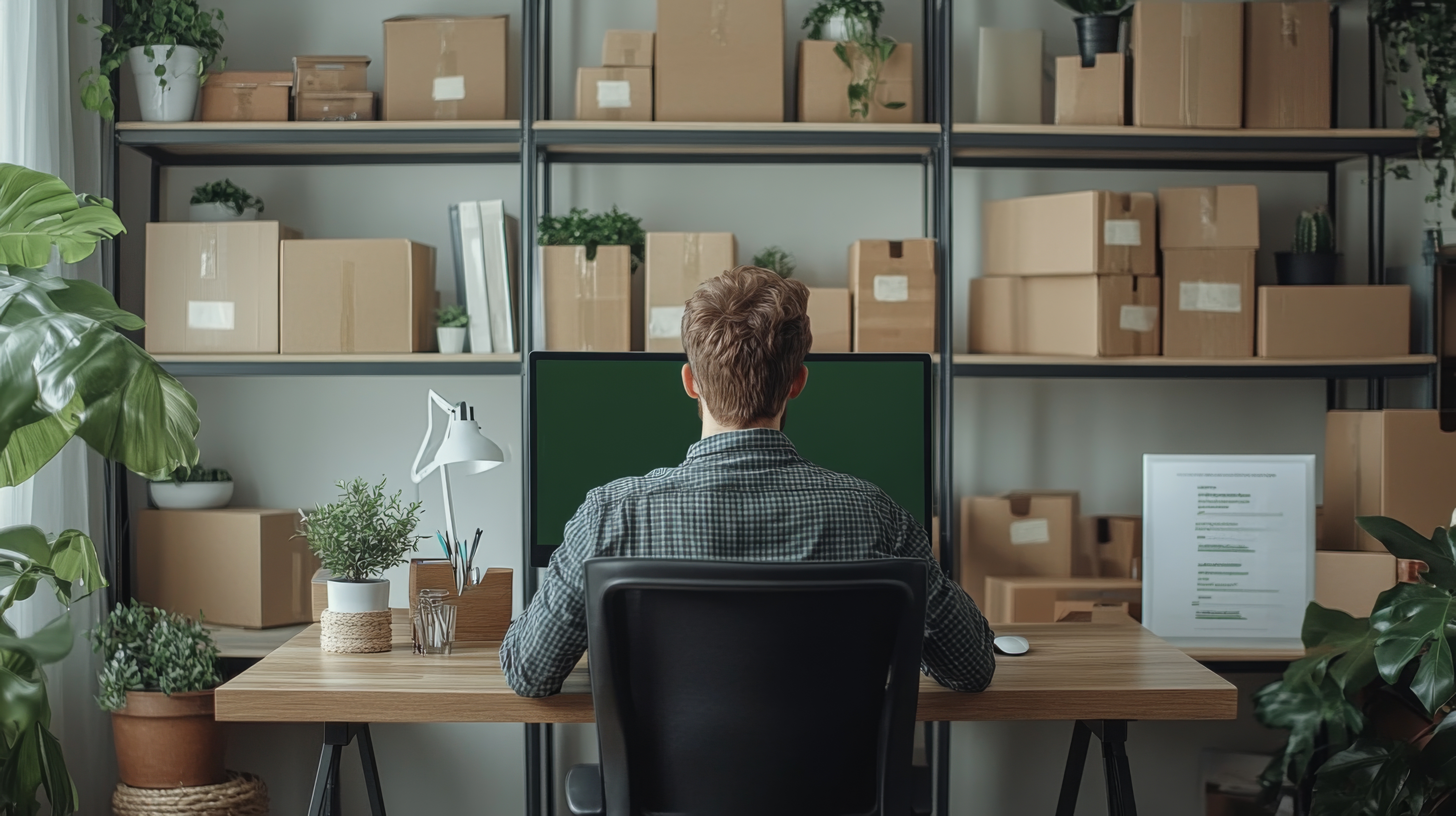 Remote worker setting up a clean home office using climate-controlled storage in Luling TX