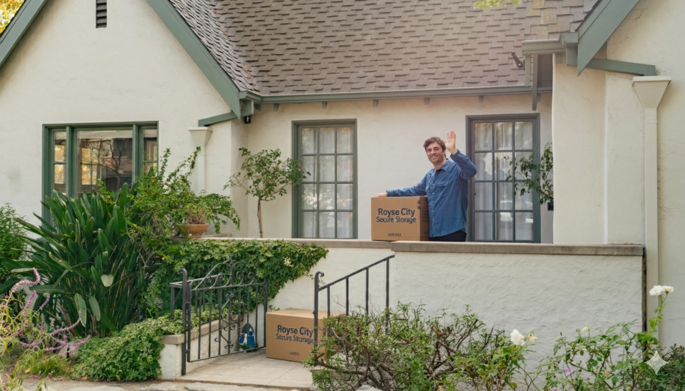 A happy customer using Royse City Secure Storage boxes to move items out of a residential home.