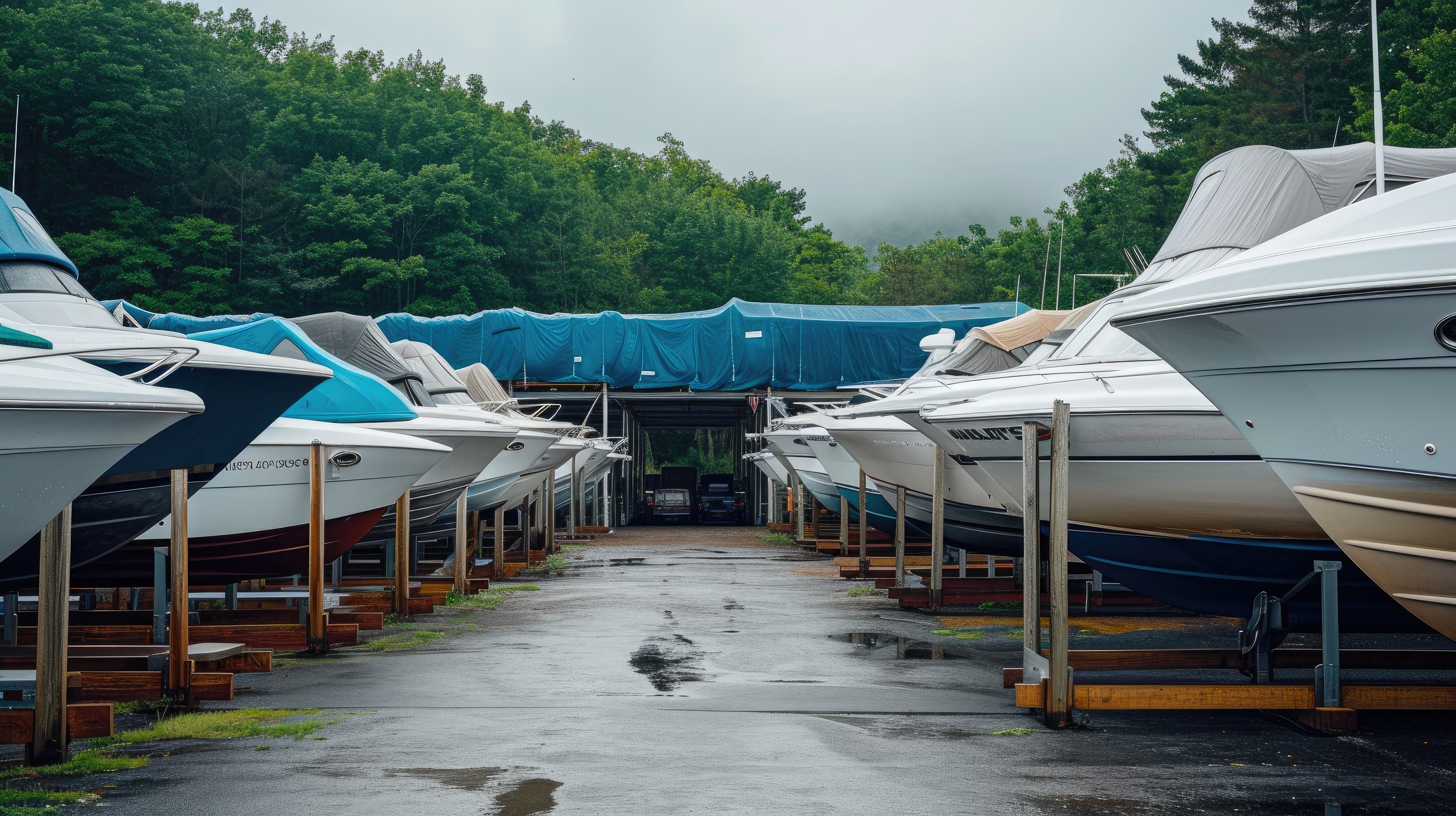 Fishing rods, camping gear, and lake equipment are organized in a storage unit near Marble Falls, Texas