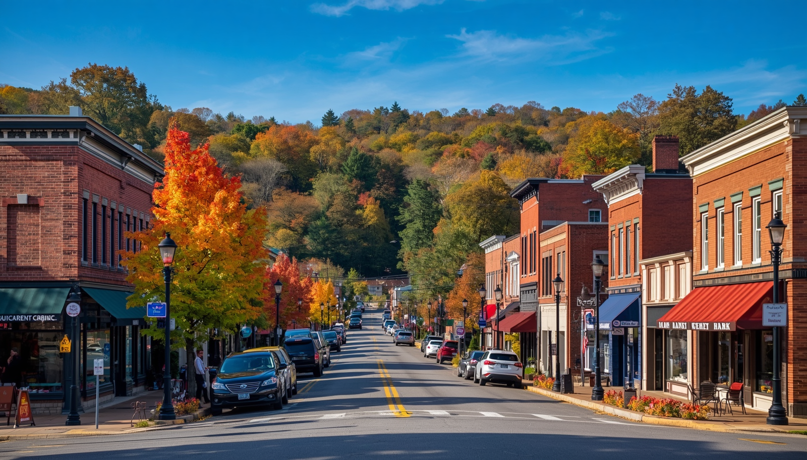 Downtown Staunton, VA, featuring historic buildings and colorful fall foliage.