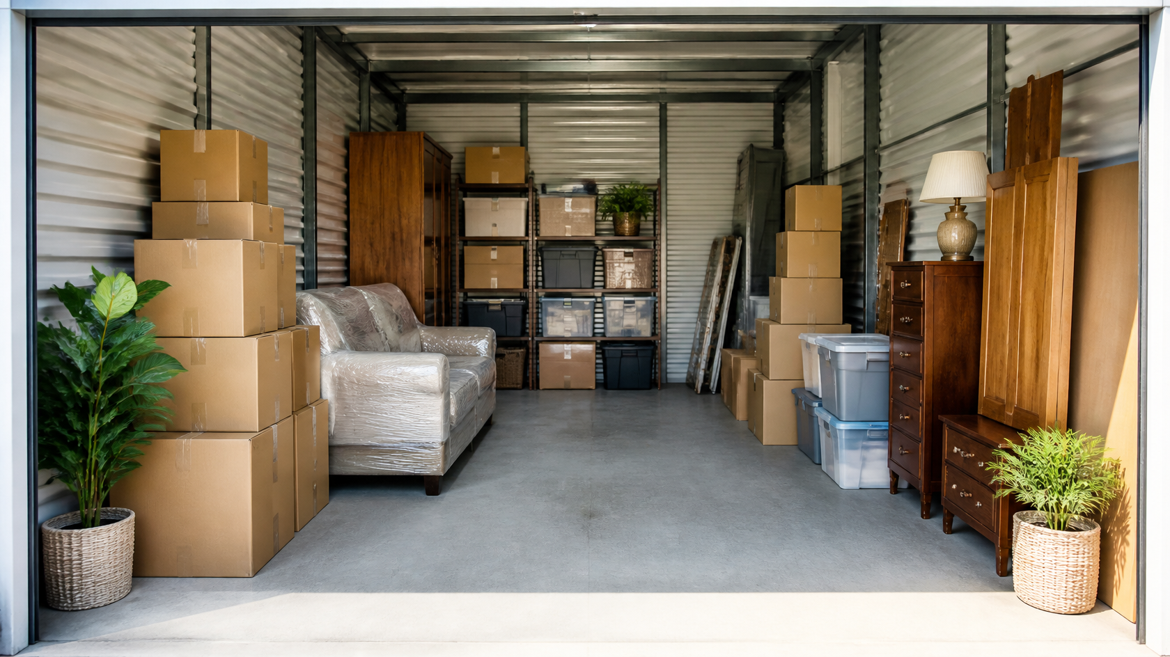 How to Pack a Self Storage Unit in Staunton, VA Organized storage unit showing how to pack a self storage unit in Staunton, VA, with boxes, furniture, and shelving.
