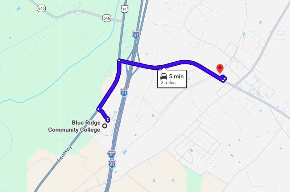 Map from Blue Ridge Community College to Valley Self Storage 