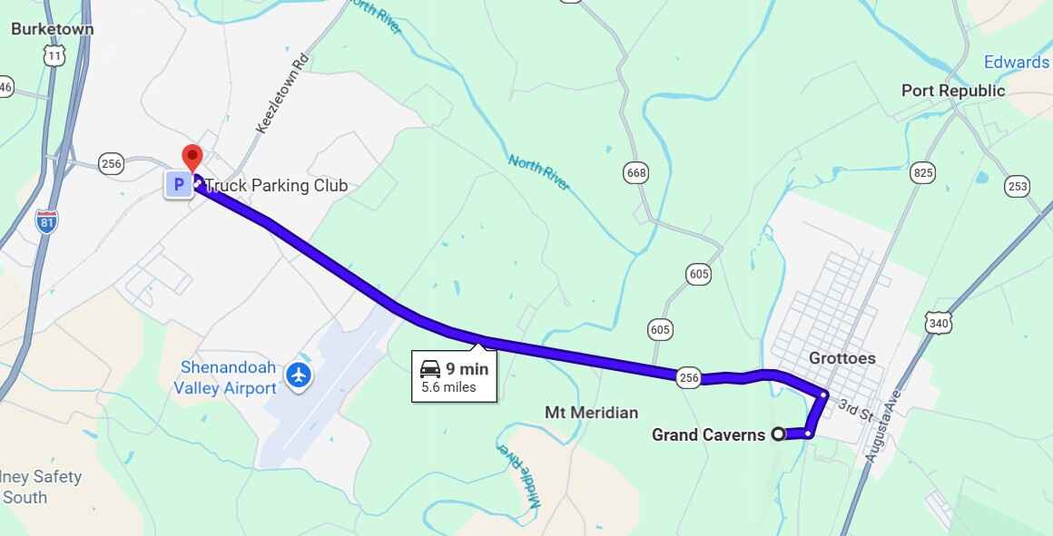 Map from Grand Caverns to Valley Self Storage 