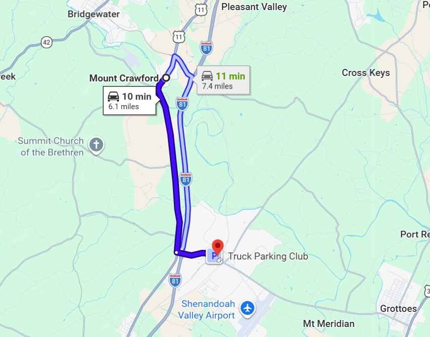 Map from Mt. Crawford to Valley Self Storage 