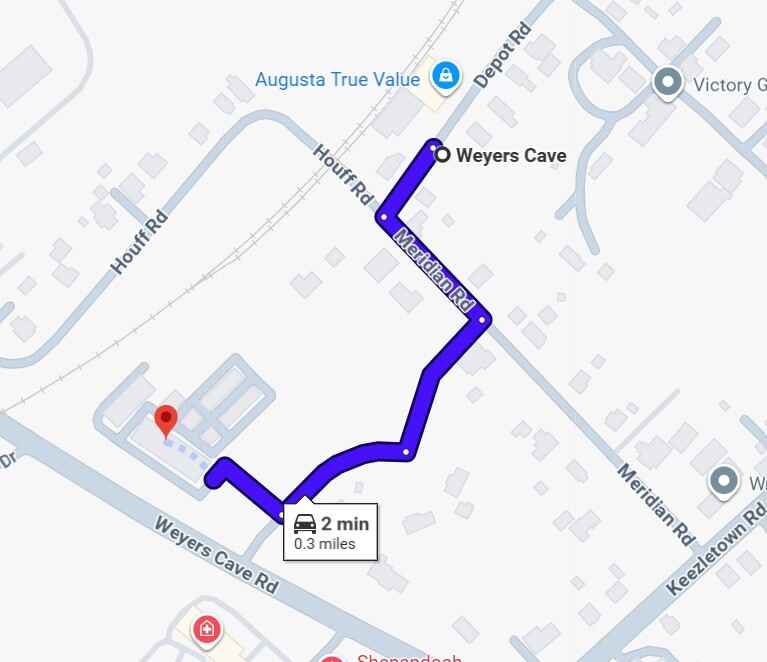 Map from Weyers Cave to Valley Self Storage 