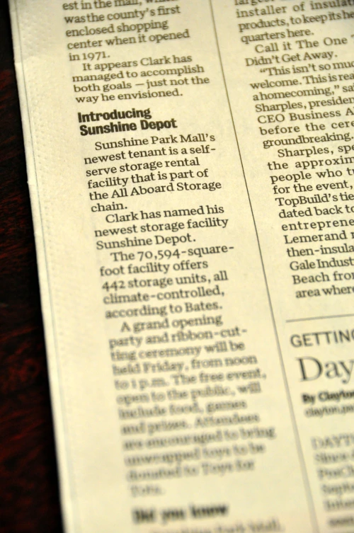 Introducing Sunshine Depot Newspaper Article