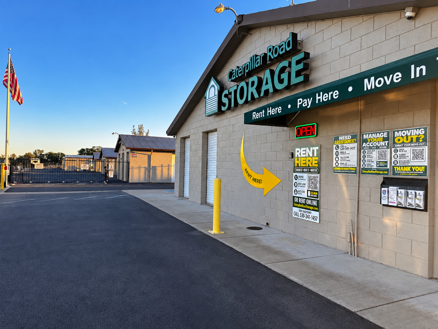Entrance Caterpillar Road Storage redidngstorage.com