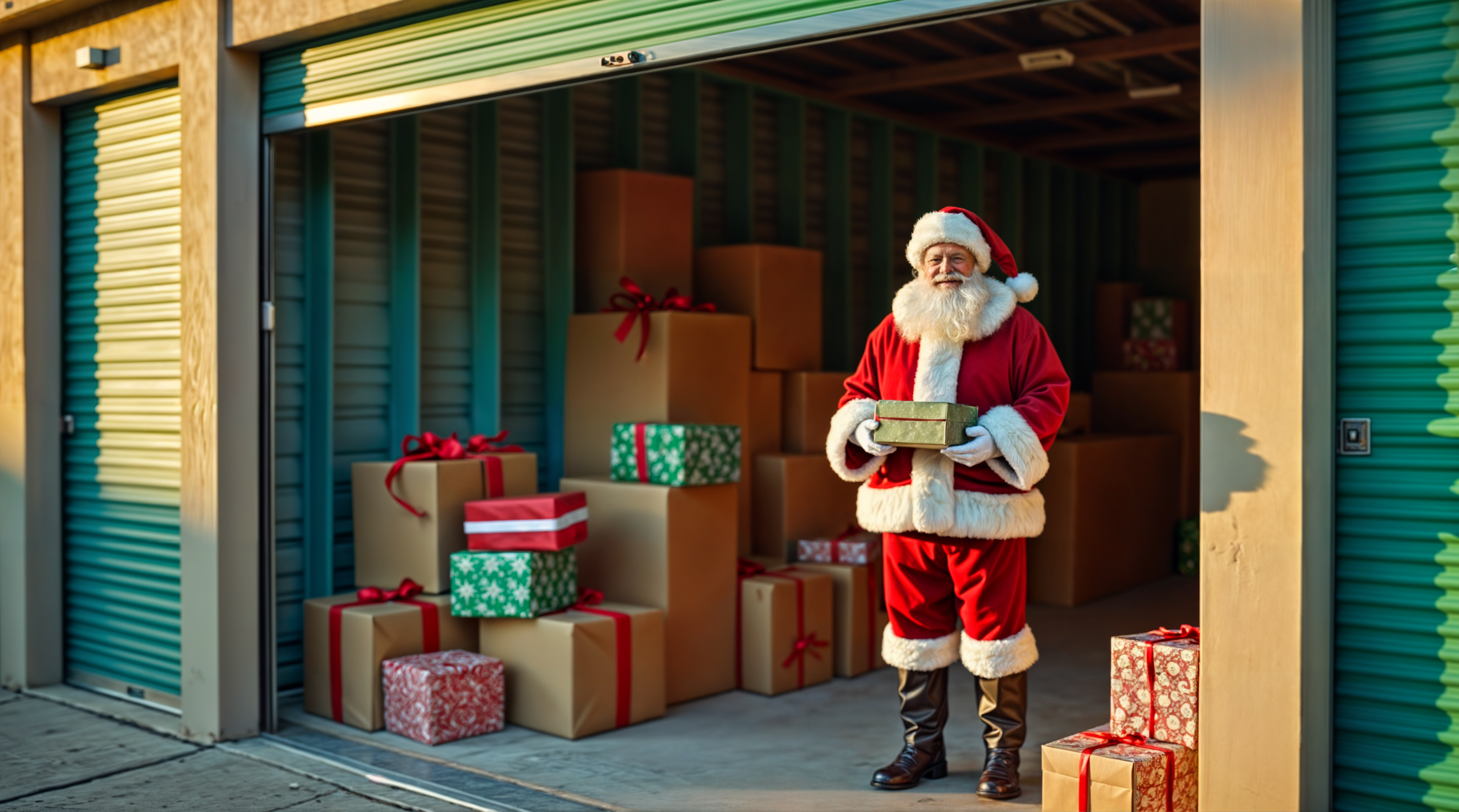 Holiday gifts neatly stored in a secure storage unit, wrapped and organized, ready for a festive surprise.