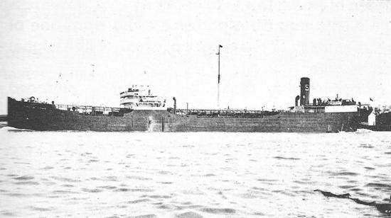 The SS Joseph M. Cudahy-Photo courtesy of the Mariners Museum, Newport News VA Historic black-and-white photograph of the SS Joseph M. Cudahy, a 430-foot World War II-era steam tanker, seen broadside at sea. The ship features a long, low deck, central smokestack with an "S" emblem, and a visible crew area at the stern. This image captures the vessel before its sinking by a German U-boat in the Gulf of Mexico in 1942.